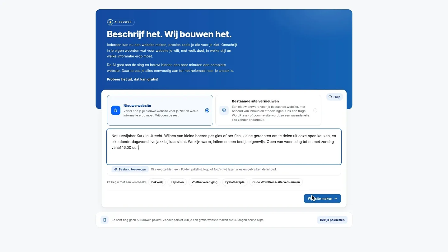 Úvodní obrazovka AI Builderu: u možnosti Nový web je popis vinného baru s přírodními víny v Utrechtu, vpravo dole tlačítko Vytvořit web.